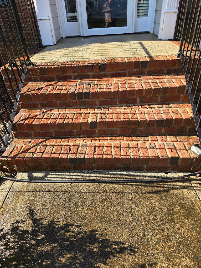 Dirty stairs and railing in need of cleaning service.